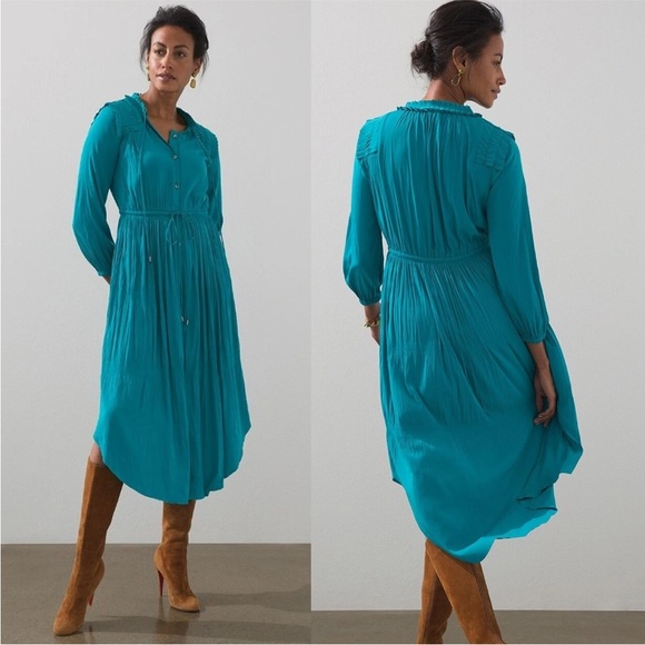 Chico’s Emerald Teal Pleated Button Front Midi Dress Size 2 (US 12) Silky Flowy - Picture 1 of 14